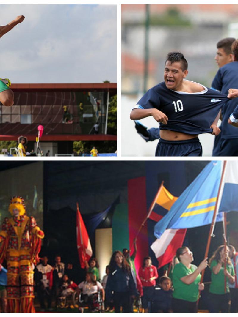 a man jumps into a sandpit, a group of men celebrate a goal, a group of athletes parade through a stadium