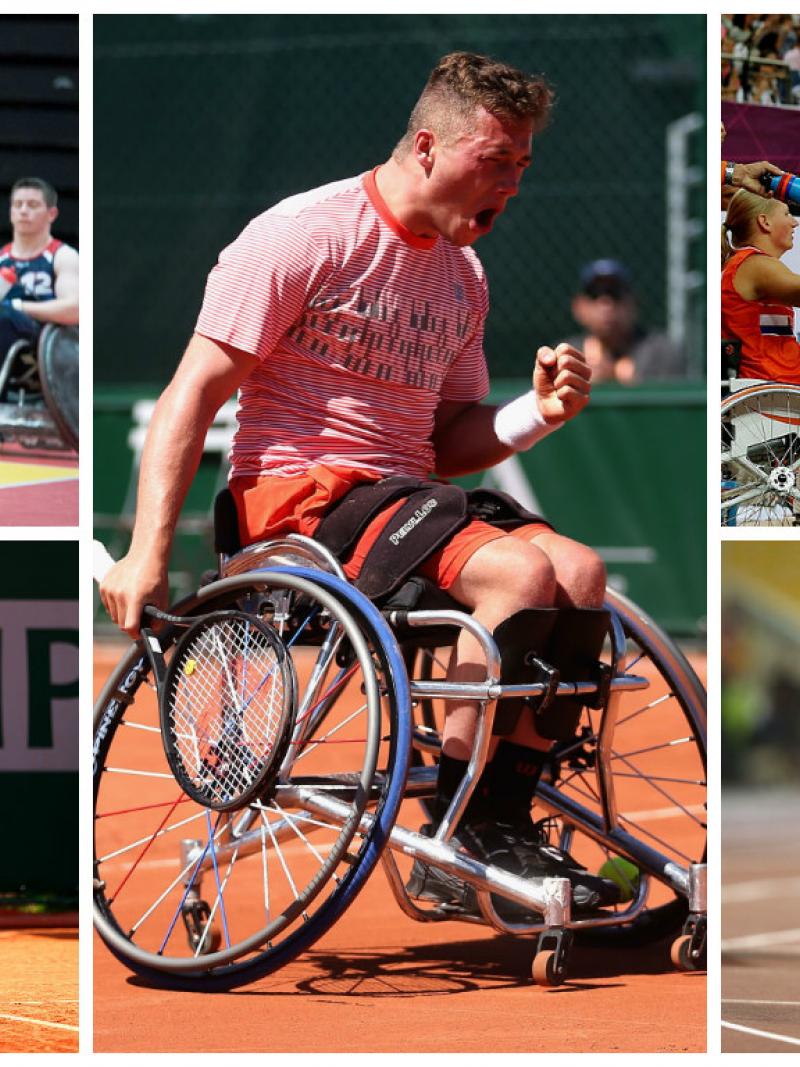 five athletes in wheelchairs celebrating