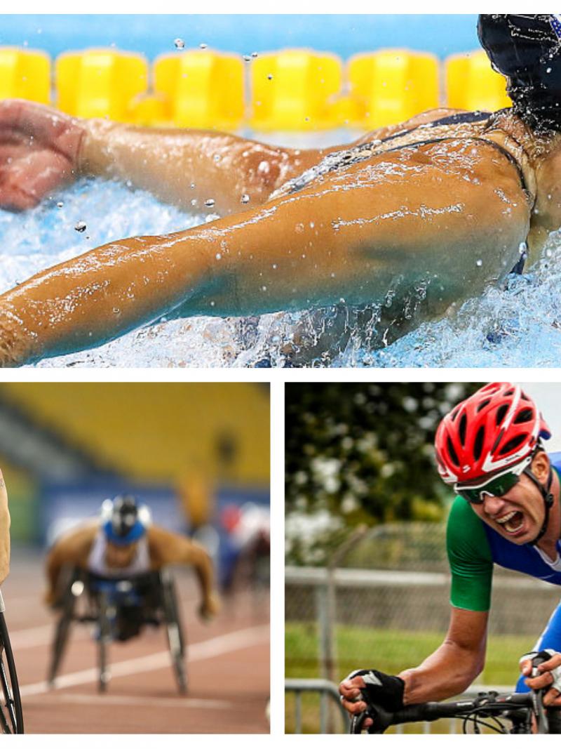 A wheelchair racer celebrating a win, a cyclist on a bike, a swimmer mid-butterfly stroke