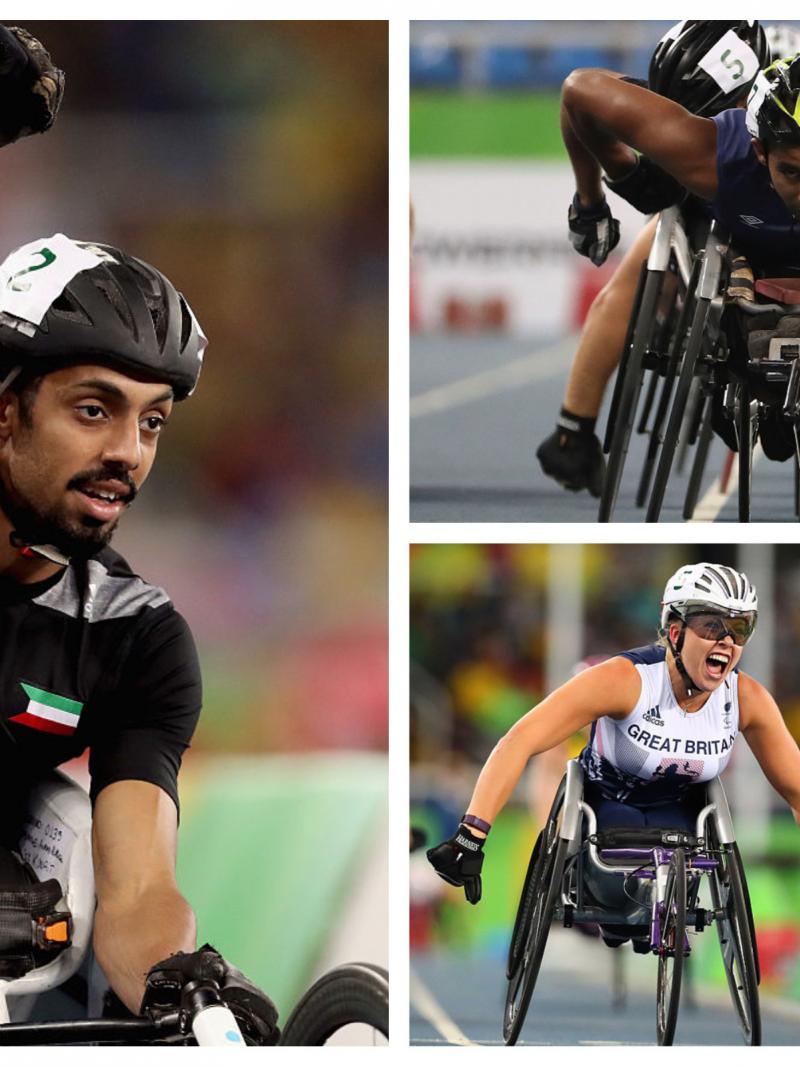 three wheelchair athletes celebrate winning races