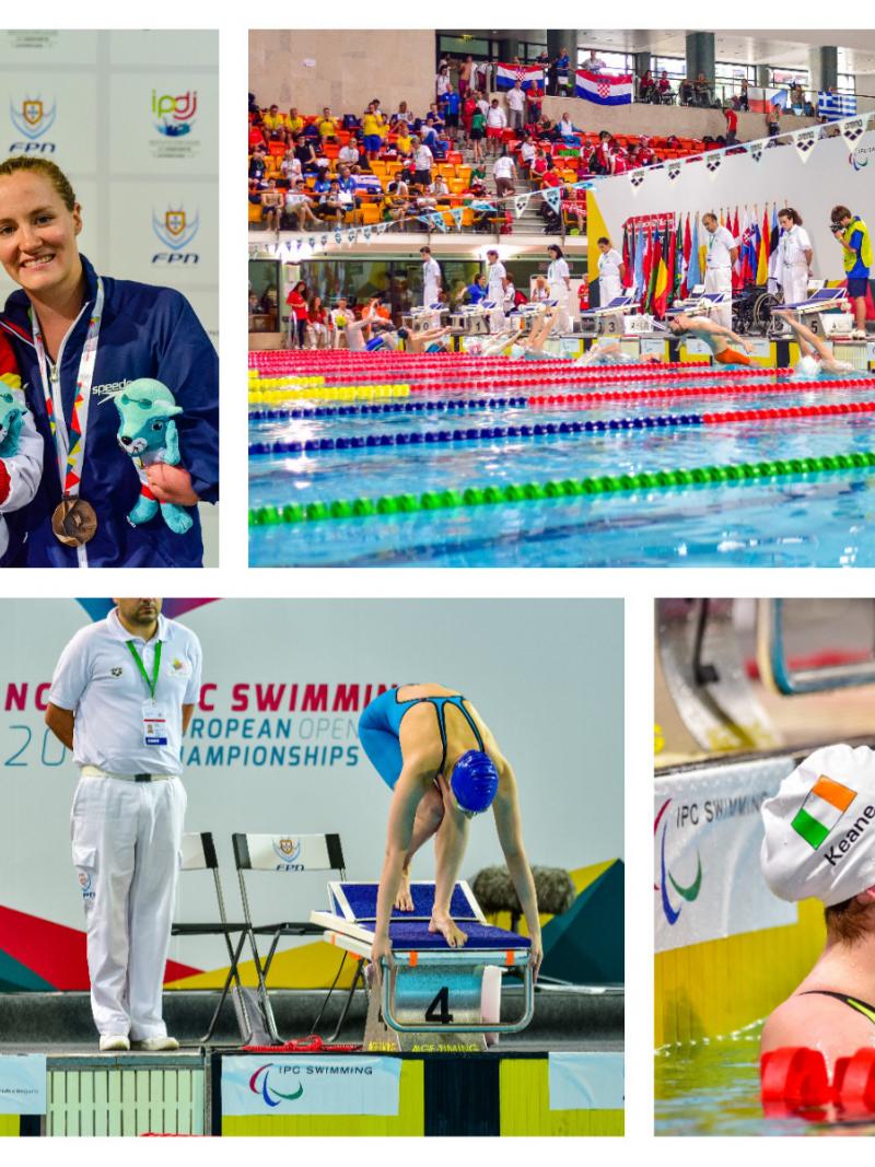 para swimmers jump into a pool, a swimmer reaches the wall, three women pose with their medals