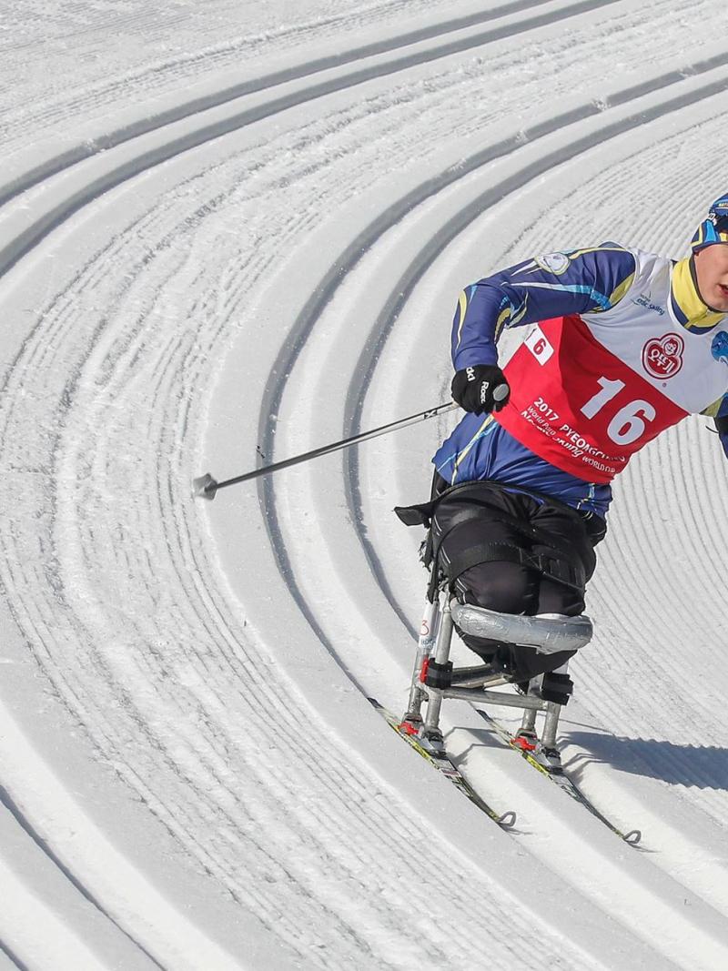 a sitting biathlete skies down a slope