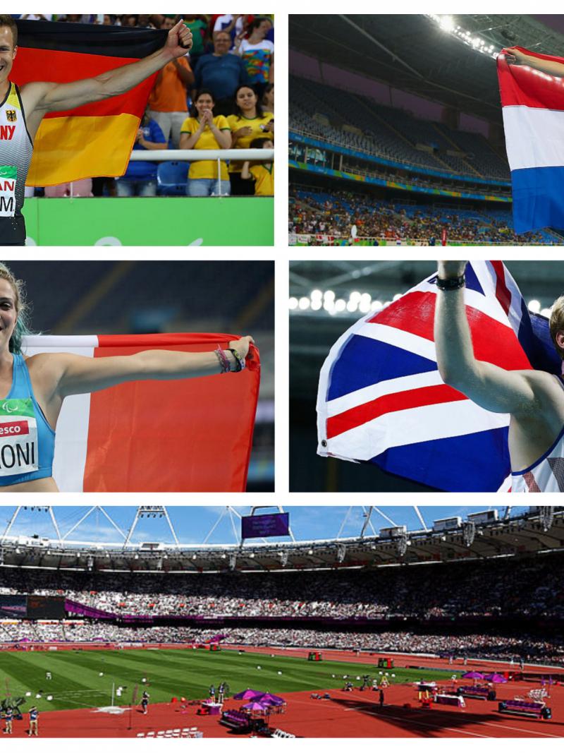 four Para athletes hold up their national flags