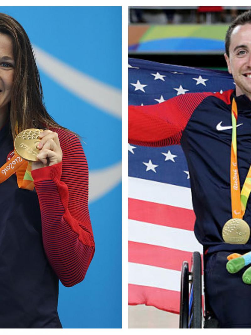 two para athletes celebrate their wins