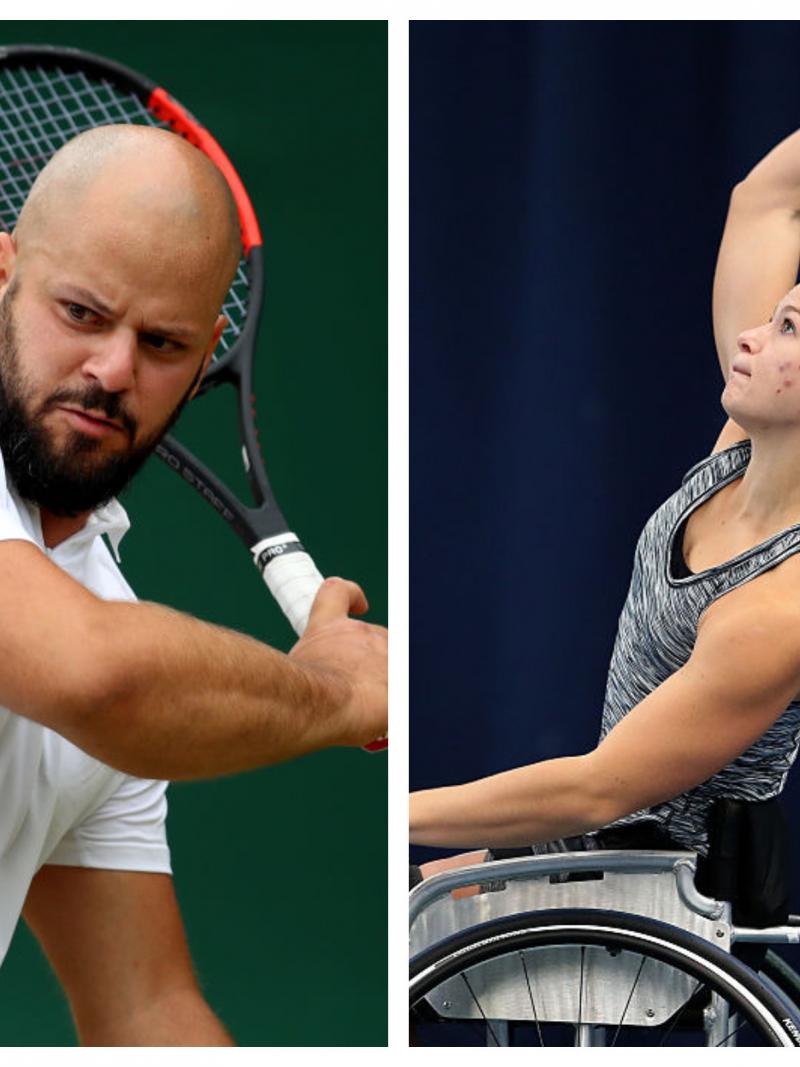 two wheelchair tennis players go for a shot