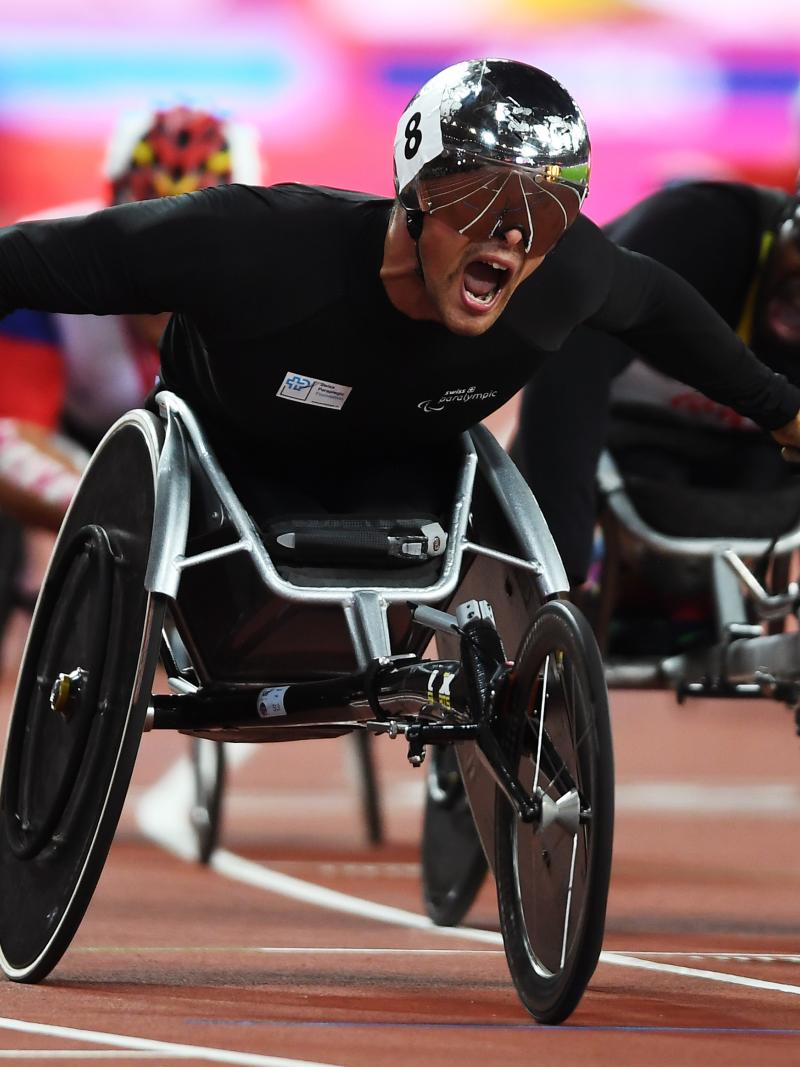 Switzerland's Marcel Hug celebrates after taking the 1,500m T54 world title at London 2017.
