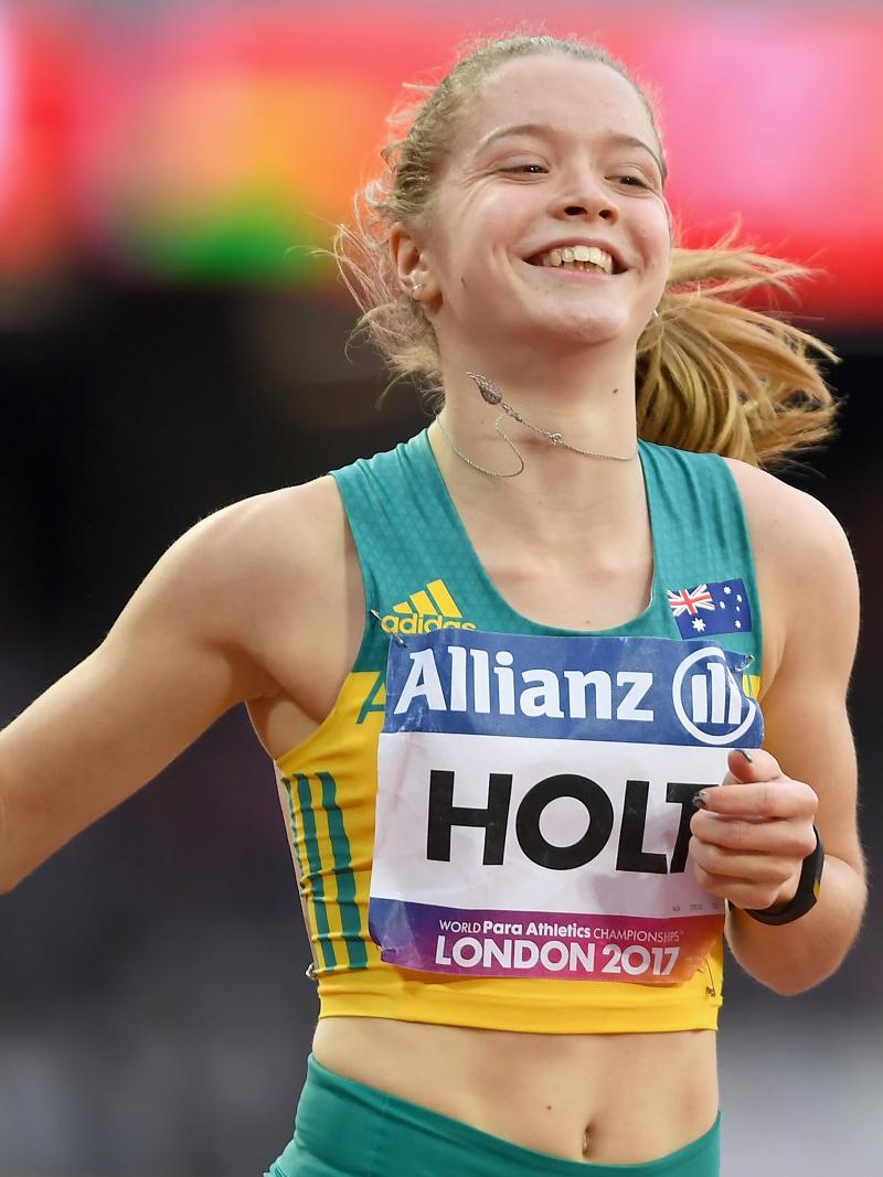 Australia's Isis Holt celebrates winning the gold medal with a world record in the women's 100m T35 at London 2017.