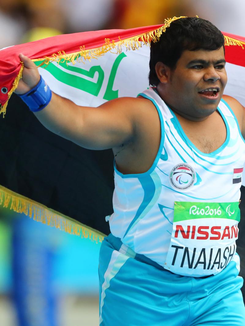 Garrah Tnaiash of Iraq celebrates after winning in men's shot put F40 at London 2017.