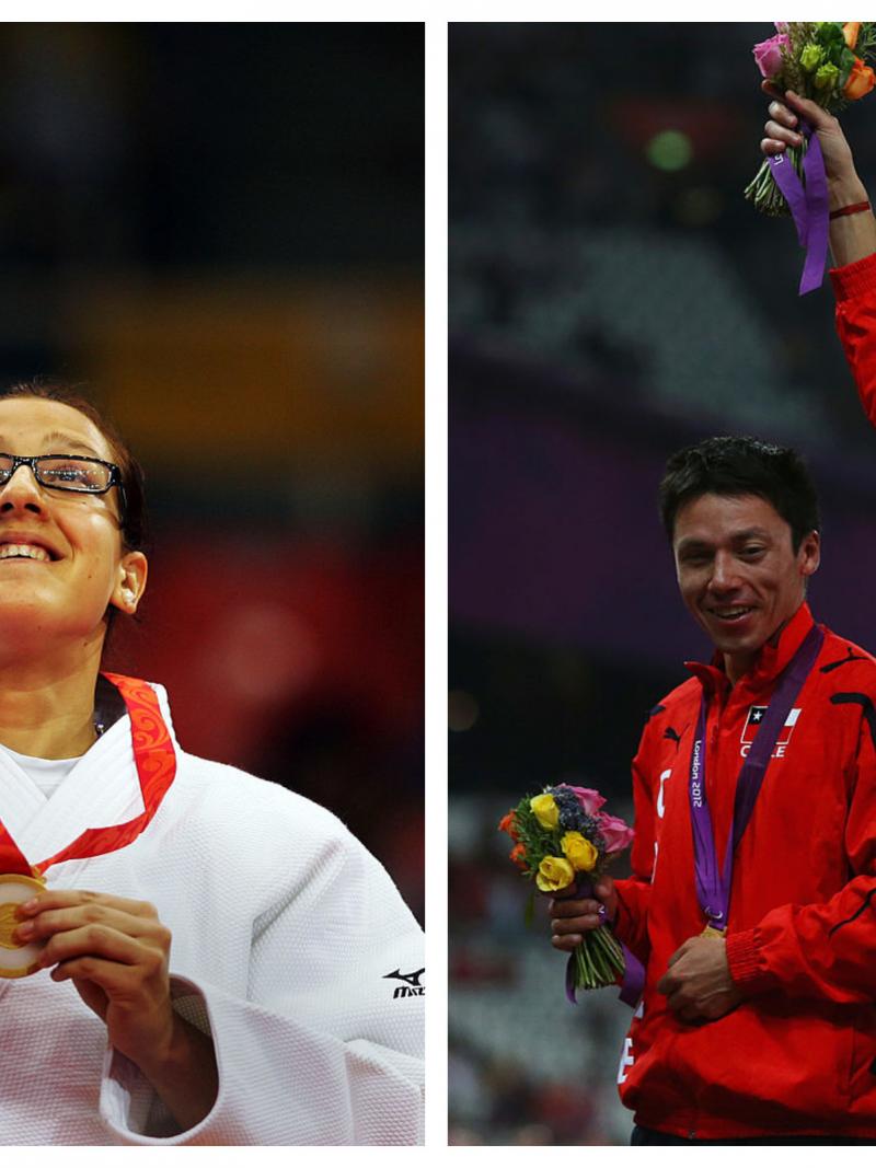 two para athletes celebrate with their gold medals on the podium