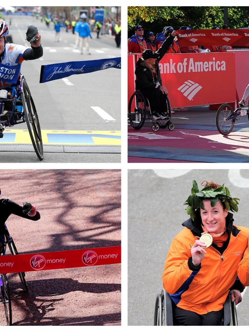 a female wheelchair racer crosses the finish line