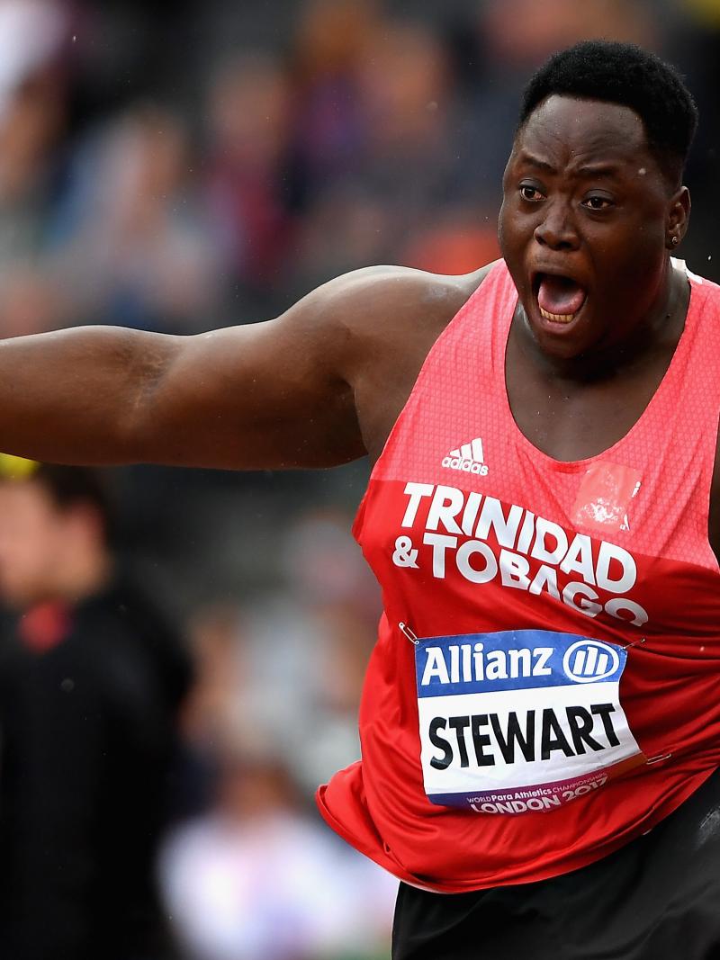 Akeem Stewart of Trinidad and Tobago lets out a roar after smashing the shot put F43 world record.