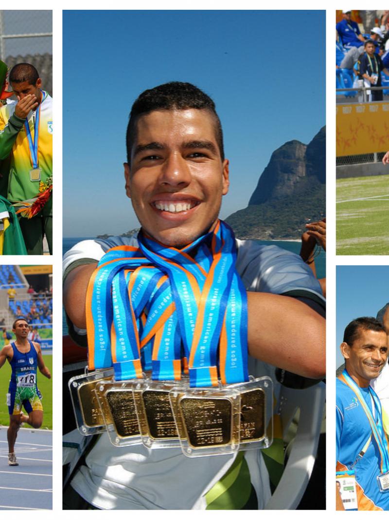 a group of athletes competing in Para sport and showing off their medals