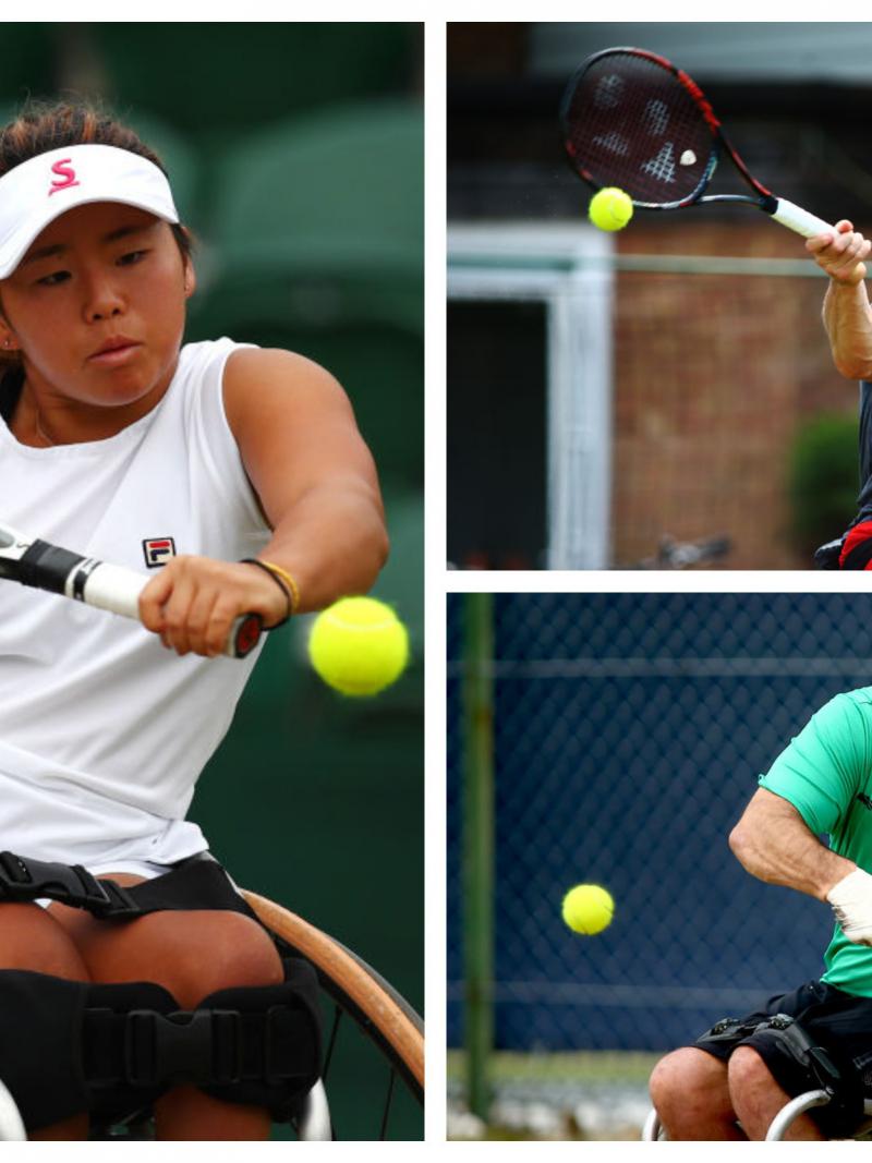 three wheelchair tennis players hit a shot
