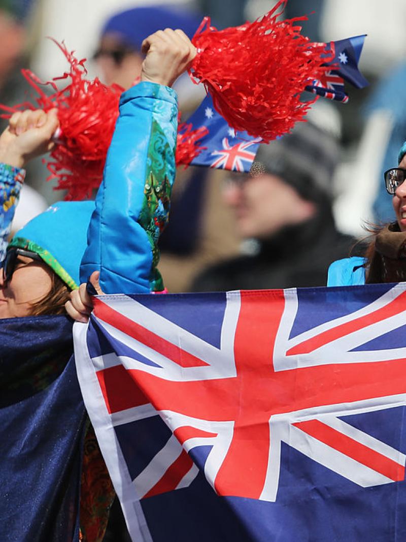 a group of fans cheer and wave flags