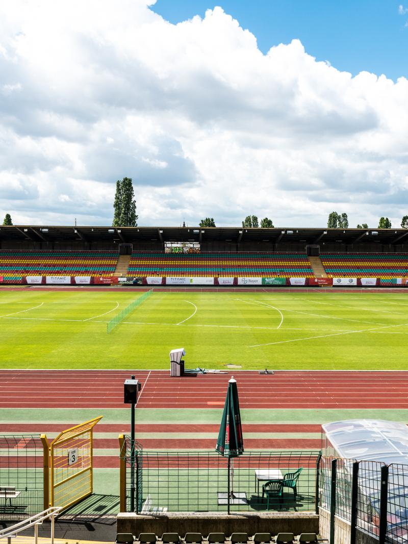 a wide shot of an empty athletics stadium