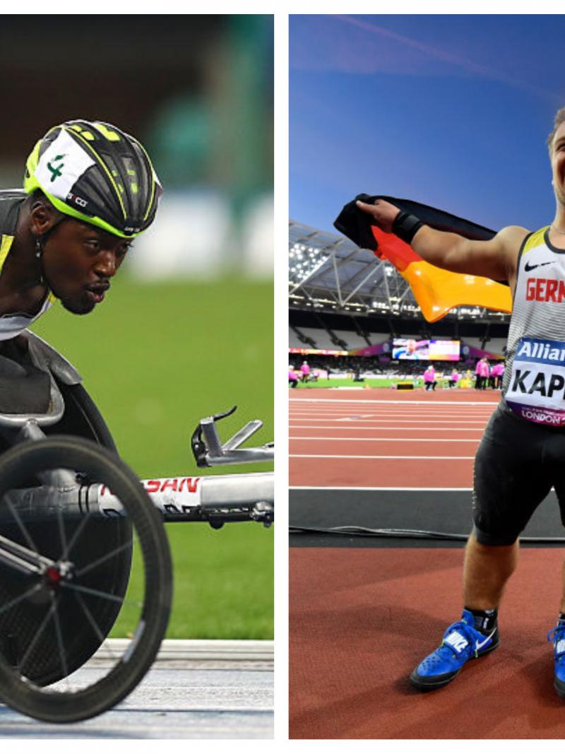 a wheelchair racer and a man celebrating with a German flag