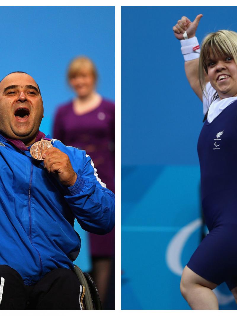 a male and a female powerlifter celebrate winning medals