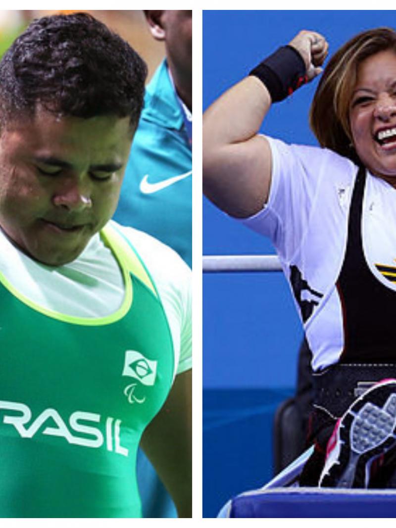 a male and a female powerlifter celebrate their wins