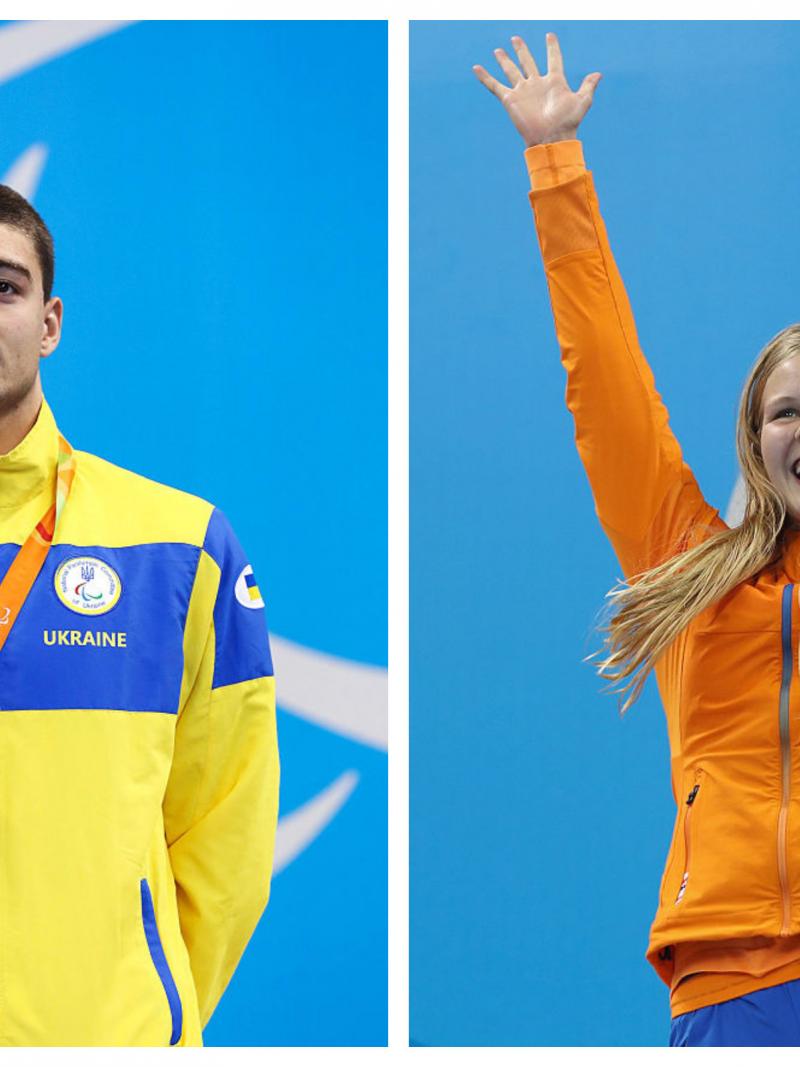 a male and a female Para swimmer celebrate on the podium