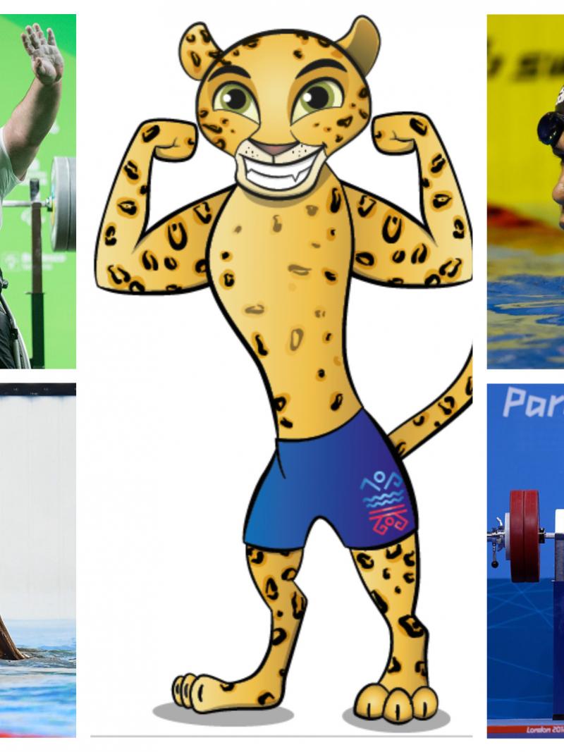 two Para powerlifters, two Para swimmers and a cartoon jaguar