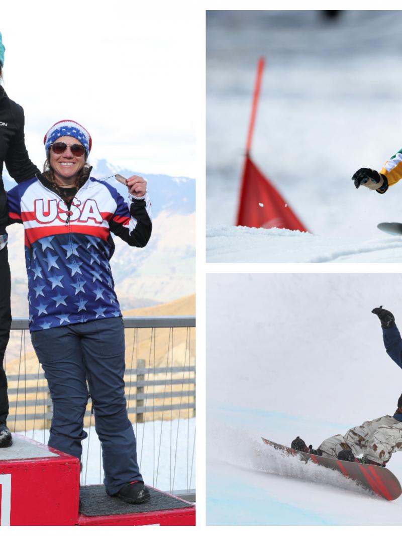 three male and three female Para snowboarders stand on the podium