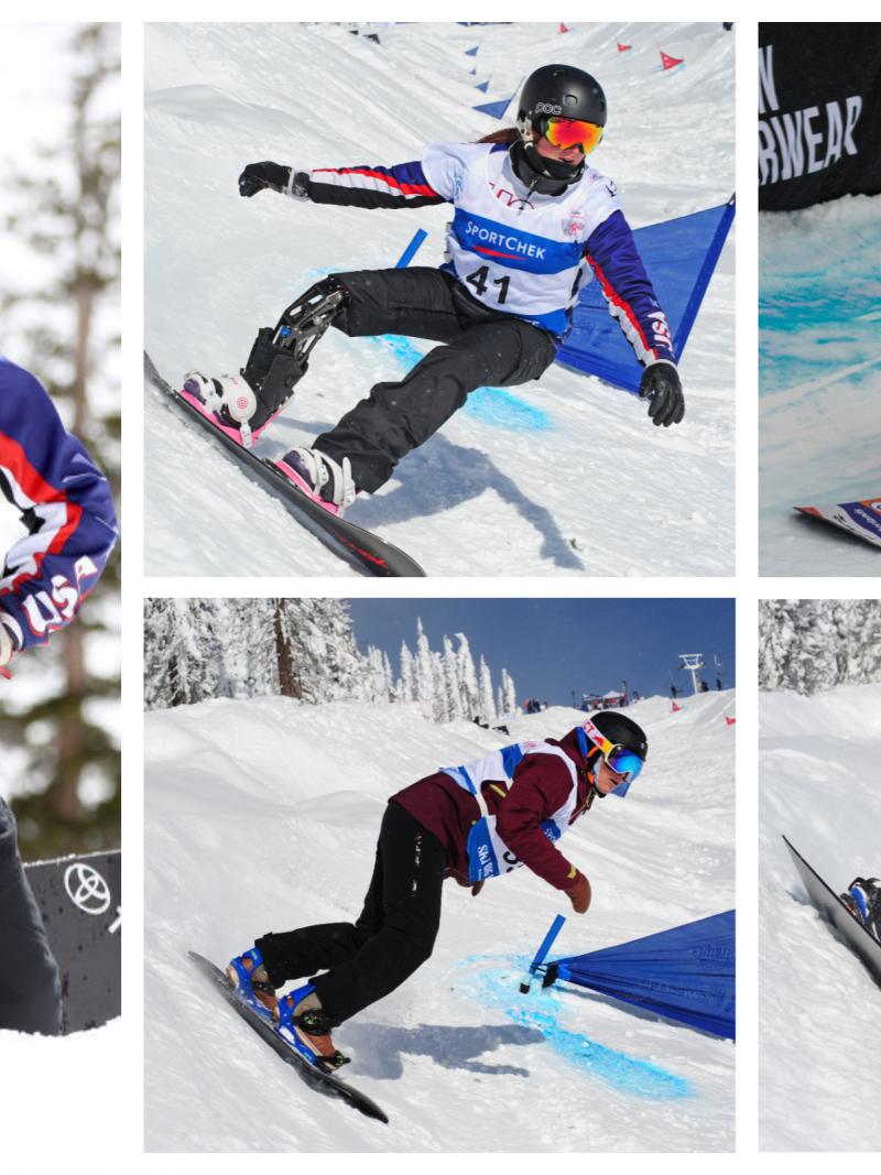 five Para snowboarders on the slopes