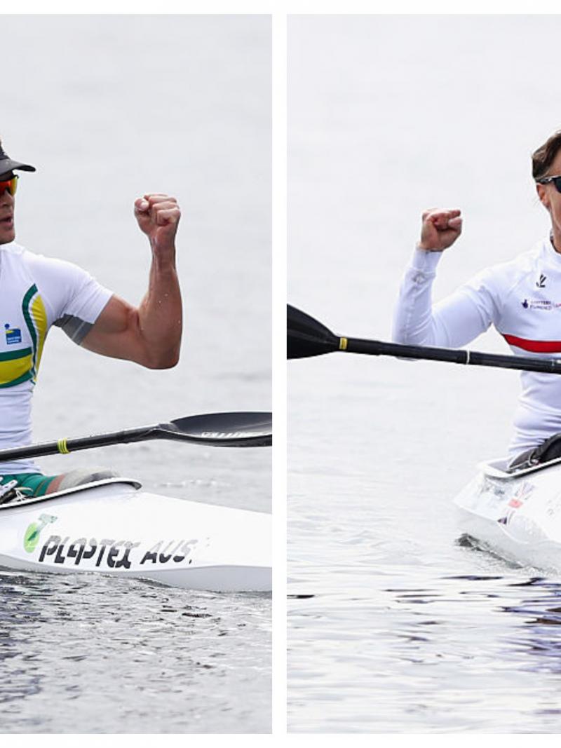a male and a female Para canoeist celebrate on the water