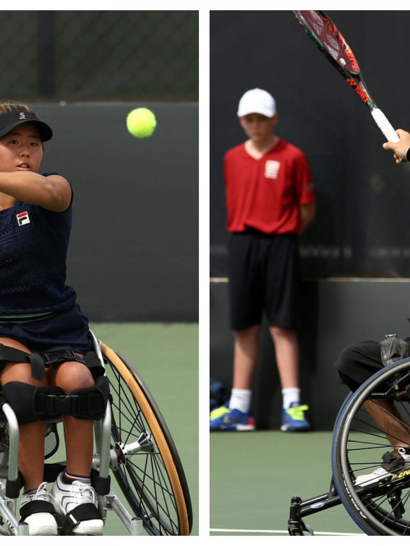 two wheelchair tennis players on the court