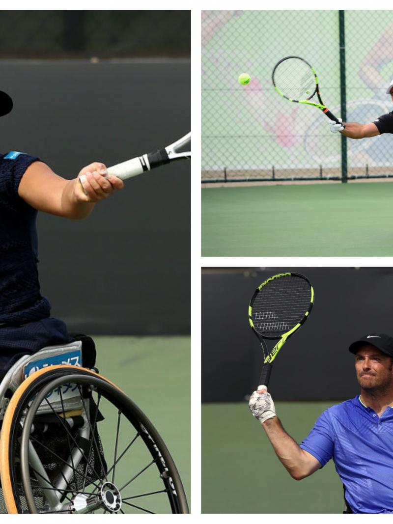 three wheelchair tennis players competing on a court