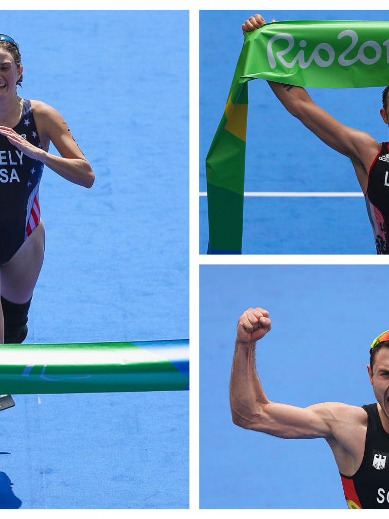 three Para triathletes celebrate crossing the finish line