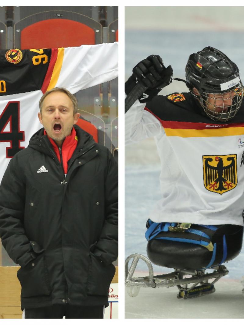 a shirt hanging on the wall of the ice rink and a pair of Para ice hockey players celebrate