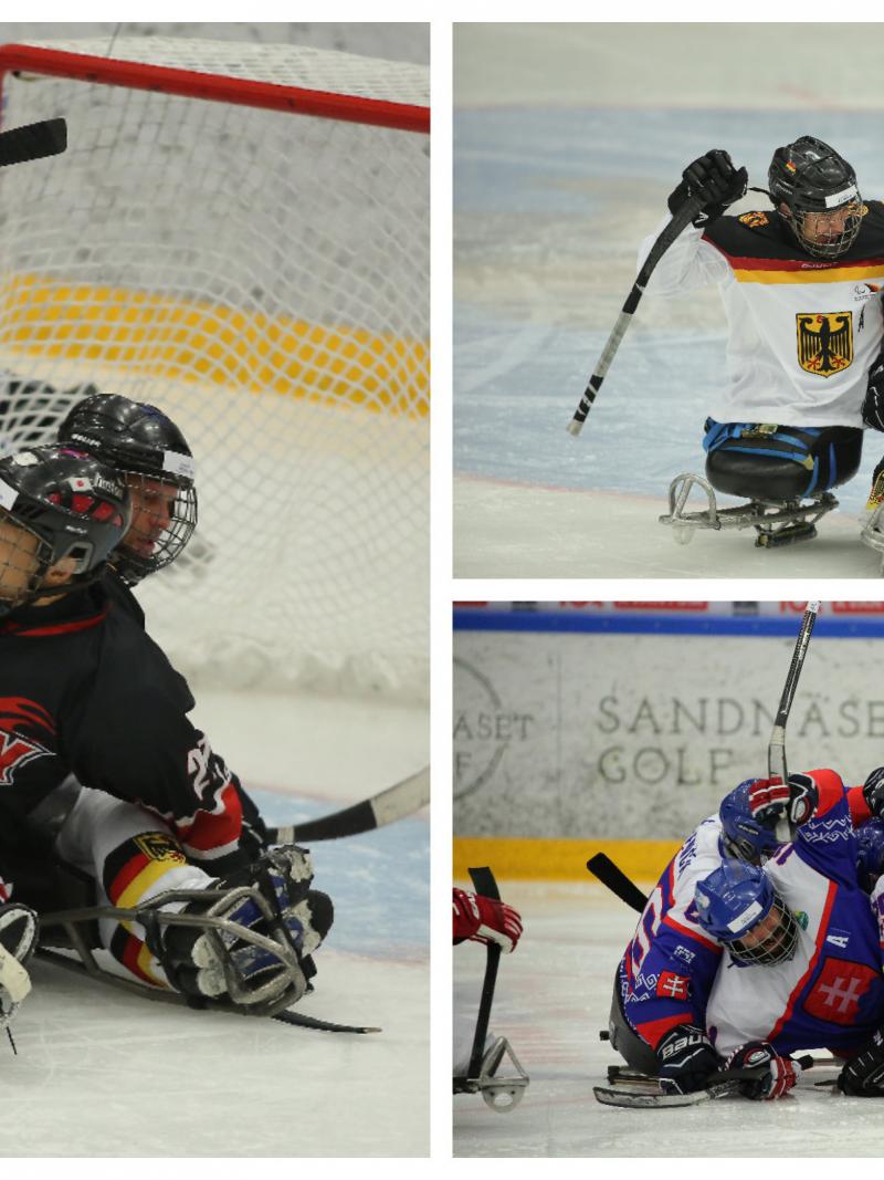 Para ice hockey players celebrate on the ice