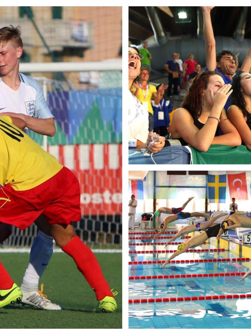 Para footballers challenge for the ball, fans cheering and Para swimmers diving into the pool 