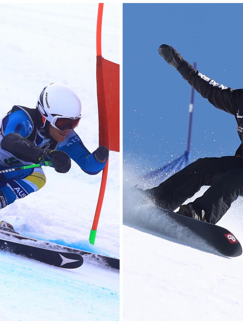 a male alpine skier and a female snowboarder