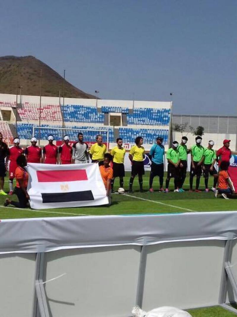 two blind football teams line up before the game
