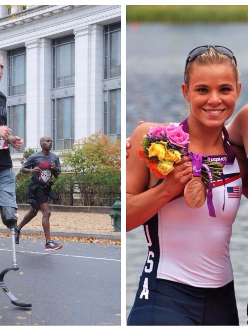 a Para athlete running and a pair of Para rowers pose on the podium with their medals