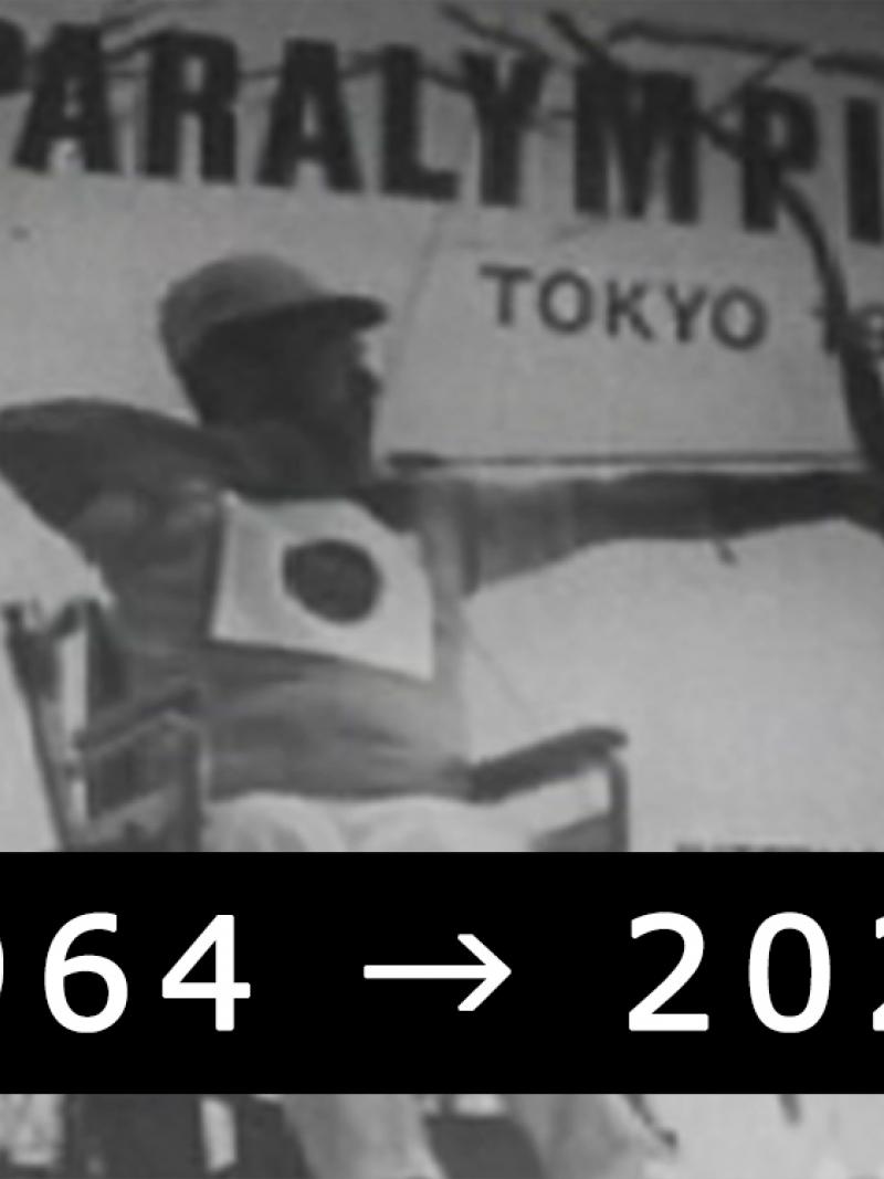 A black and white photograph of a Paralympic poster in Japan