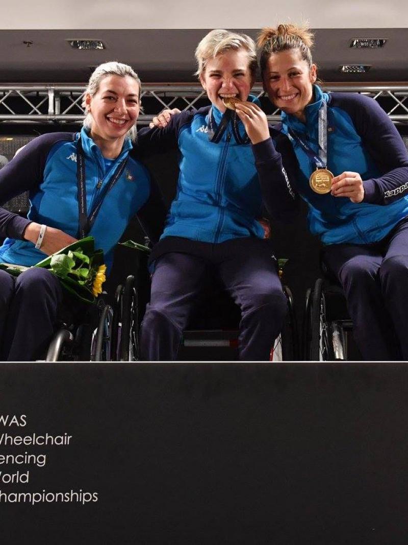Italy's women celebrate foil gold at the 2017 IWAS Wheelchair Fencing World Championships.