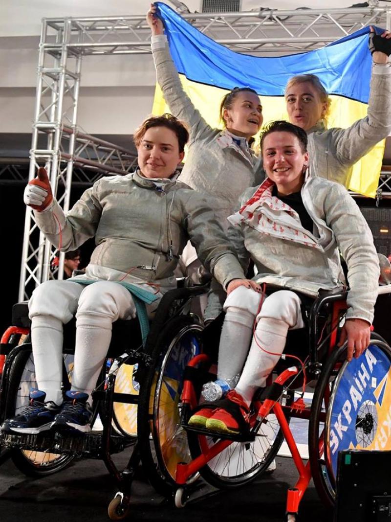 Ukraine's women celebrate the defence of their sabre team world title in Rome, Italy.