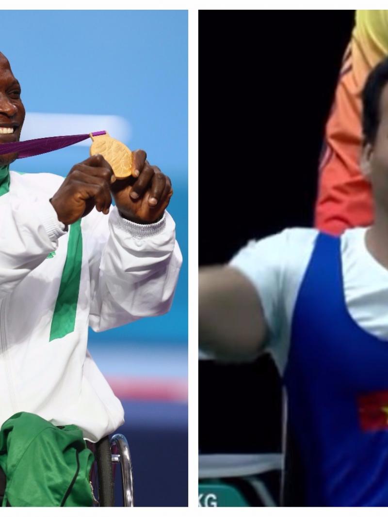 two male Para powerlifters celebrate