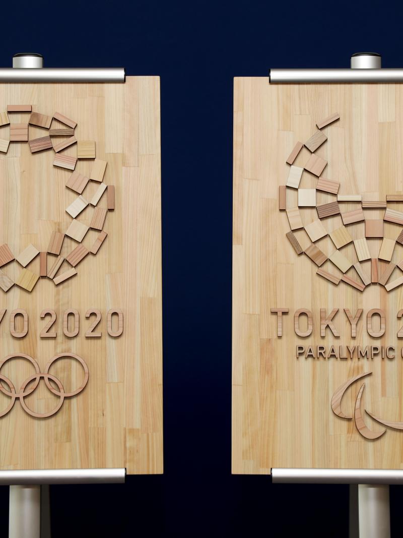 Two wooden emblems for Toyko 2020