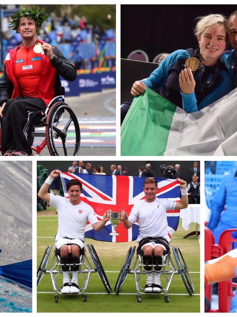 Para athletes celebrating wins in marathon, fencing, wheelchair tennis, snowboard and alpine skiing