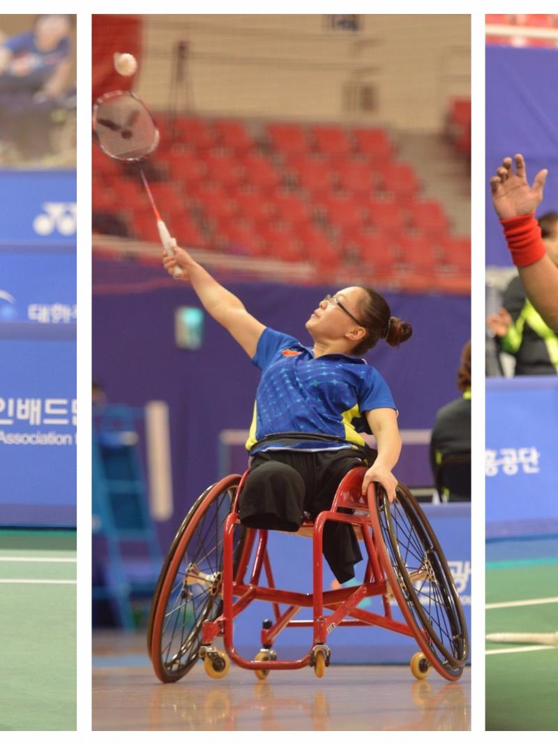 three Para badminton players celebrate on the court