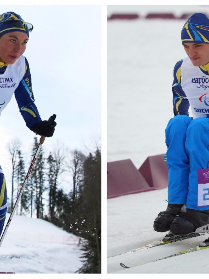 a male and female Para Nordic skiers competing
