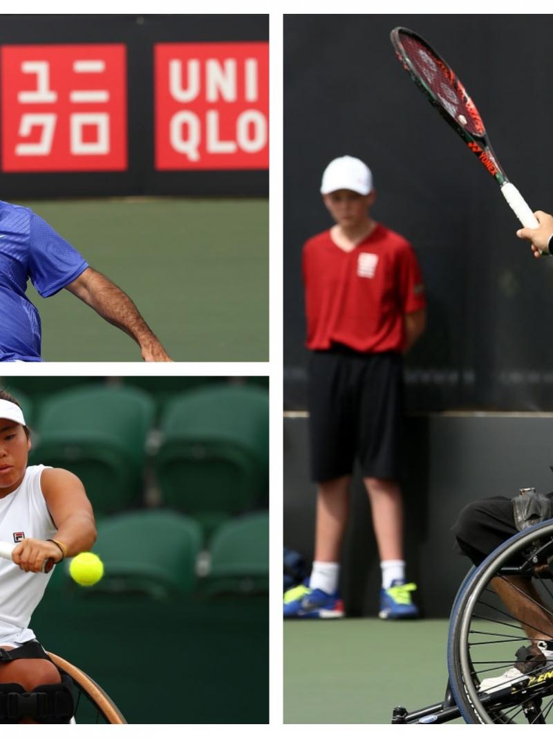 three wheelchair tennis players playing shots