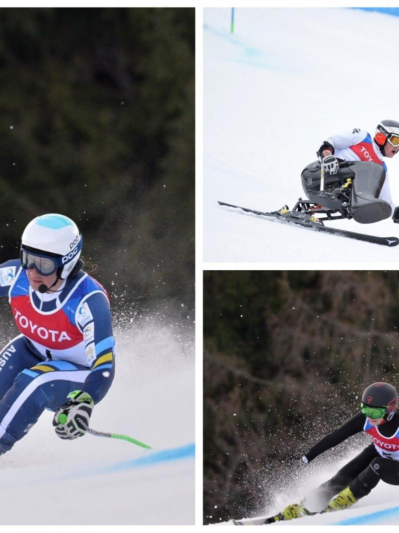 three Para alpine skiers on the slopes
