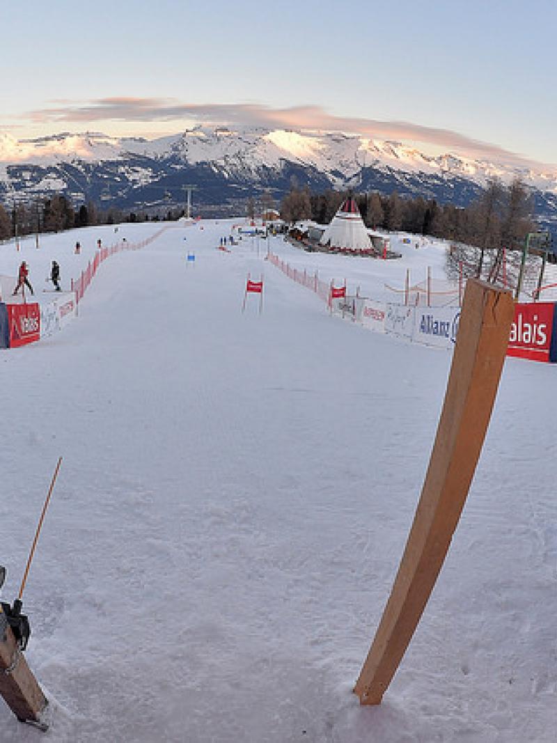 wide shot from the top of an alpine skiing slalom course