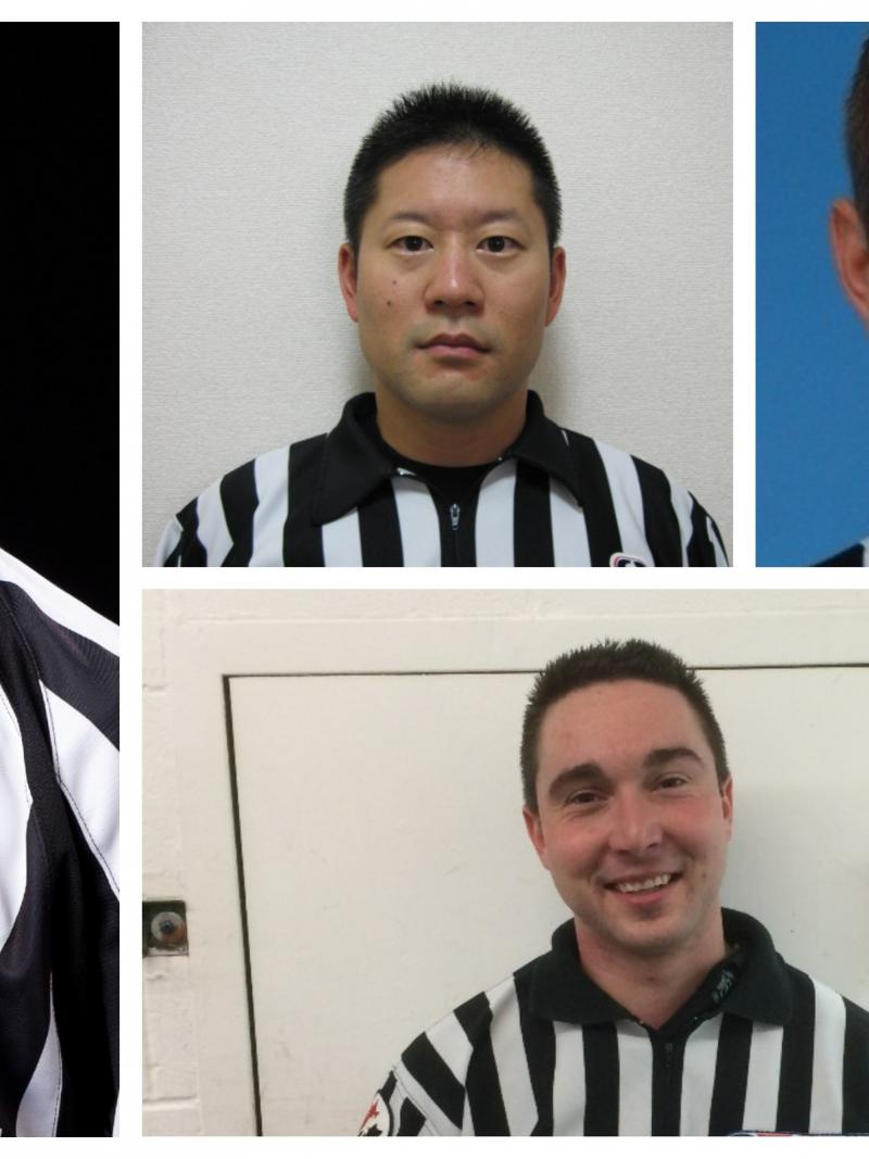 Photo collage of four male ice hockey officials
