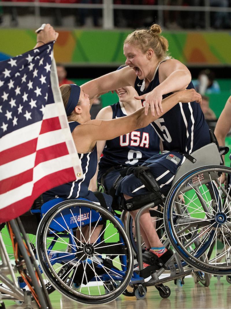 US women wheelchair basketball players celebrating