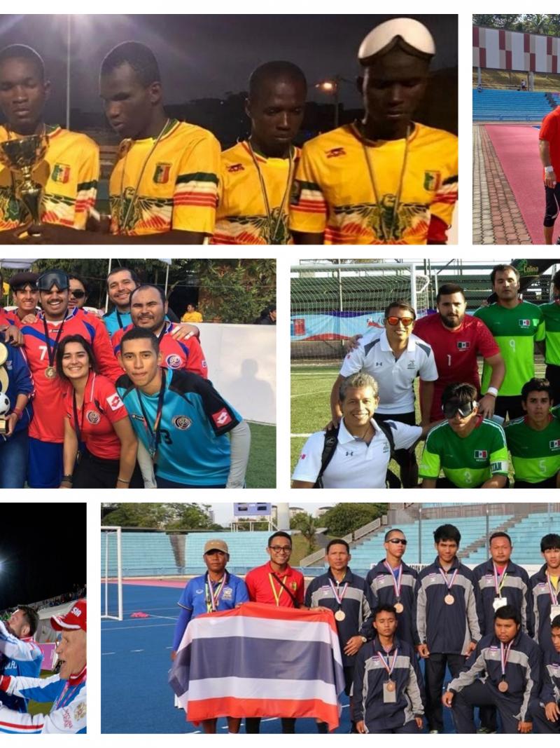 blind footballer players celebrating with a trophy